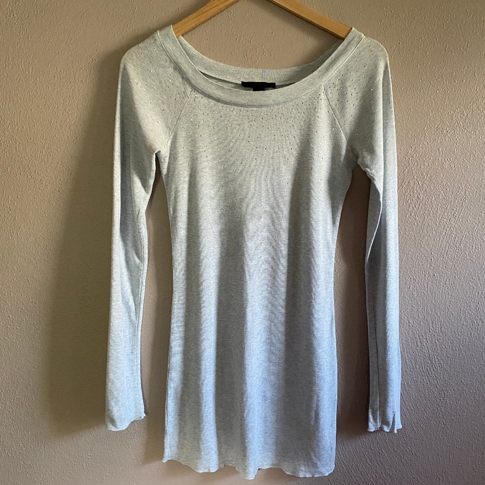 Y2K Express Gray Rhinestone Tunic Top Medium | Sparkly Lightweight Sweater Dress